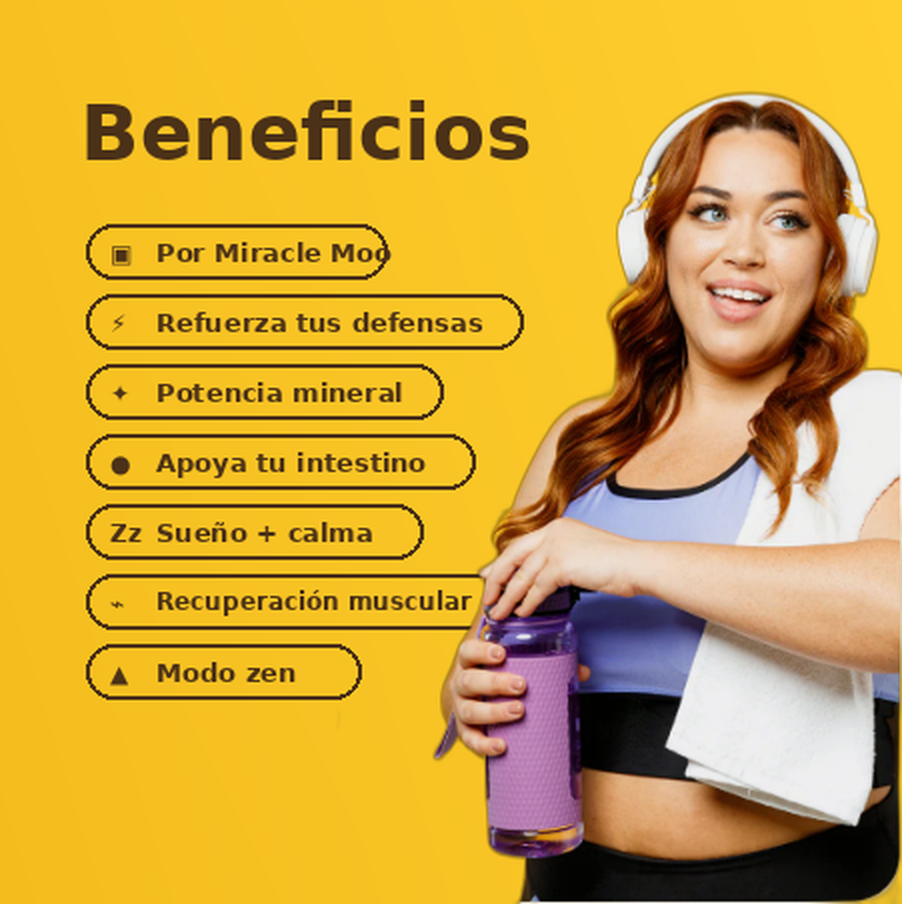 Beneficios de Miracle Moo con modelo sosteniendo una bebida preparada